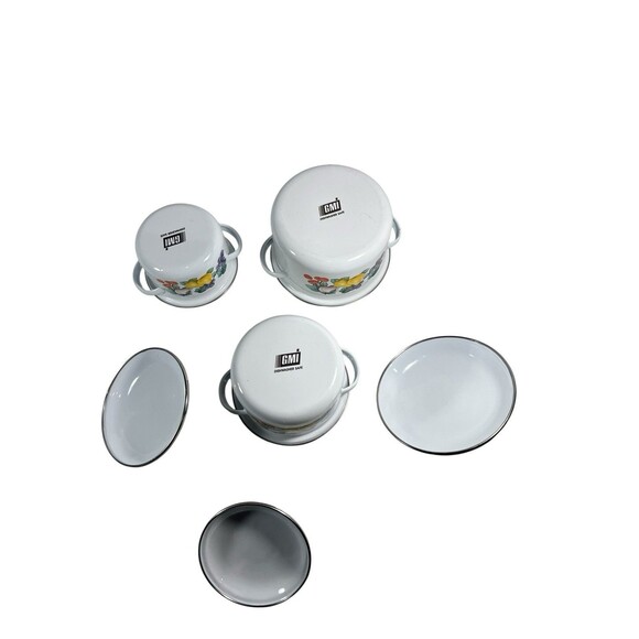 Vintage GMI Enamelware 3 Piece Pot Set w/Lids - Fruit Design - Great Condition - Picture 7 of 16